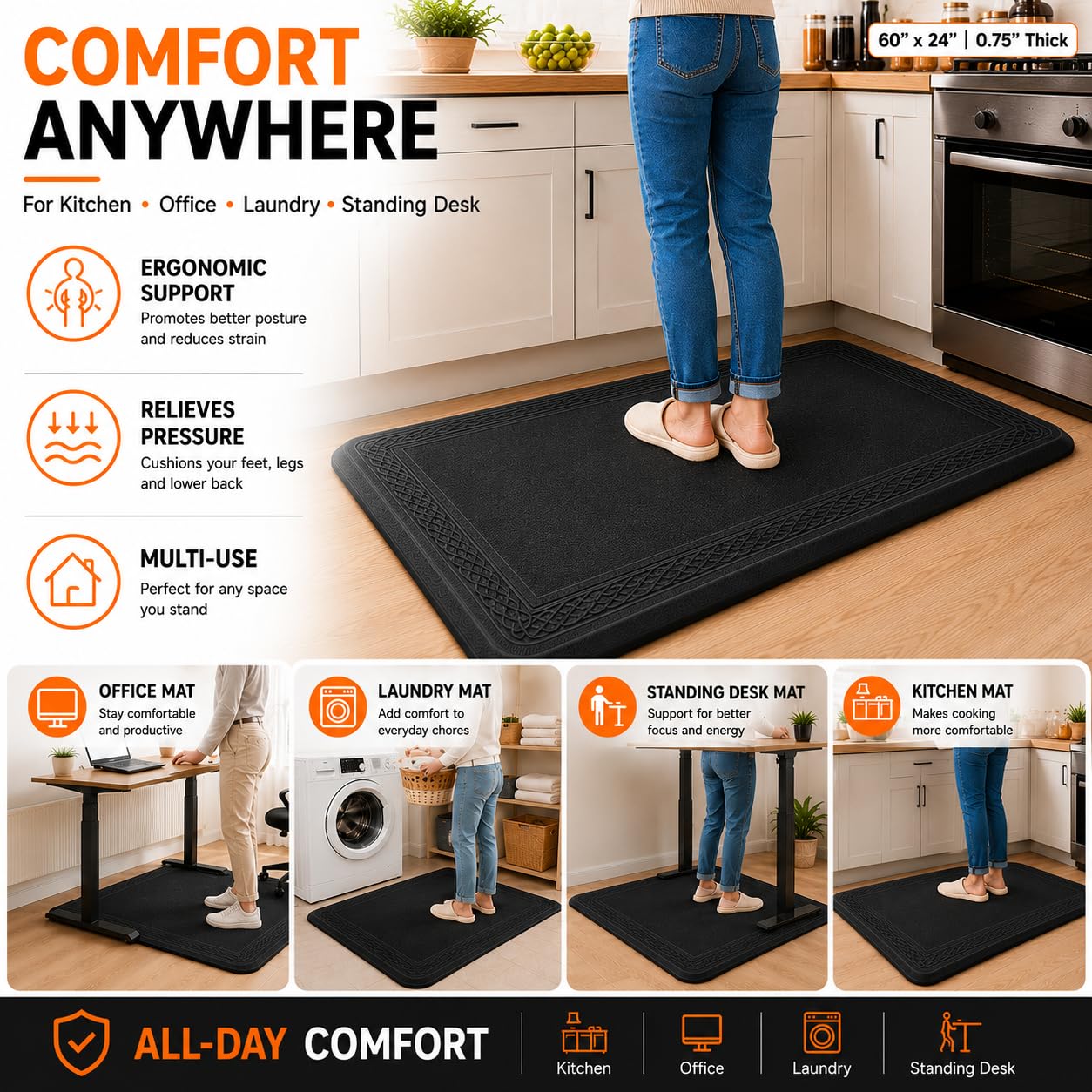 24 x 60 Inch Extra Support Anti Fatigue Comfort Kitchen Mat, Waterproof Long Kitchen Runner, Non-Slip Standing Desk Mat, Commercial Pads for Offices, Home, Garages (Bordeaux Black, 24'' x 60'')