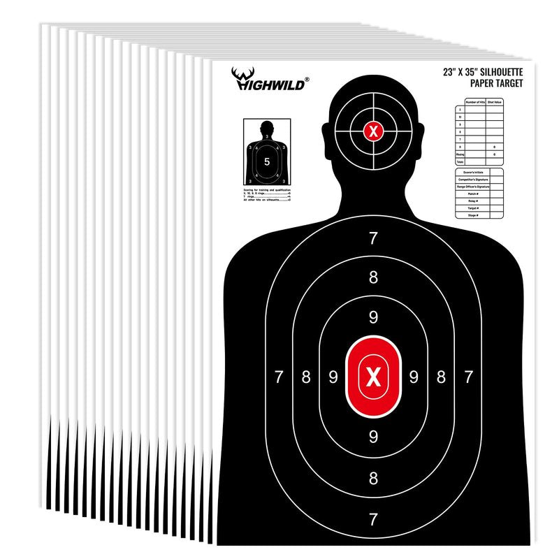 Highwild Shooting Range Silhouette Paper Target - 23X35 Inches - Suitable for Handguns, Rifles, Airguns, BB Guns (20 Pack, White & Black)