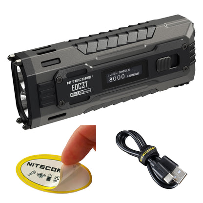 Nitecore EDC37 EDC Flashlight, 8000 Lumen Flat Shape USB-C Rechargeable Fast Charging with Digital OLED Display and Mechanical Lock Sticker