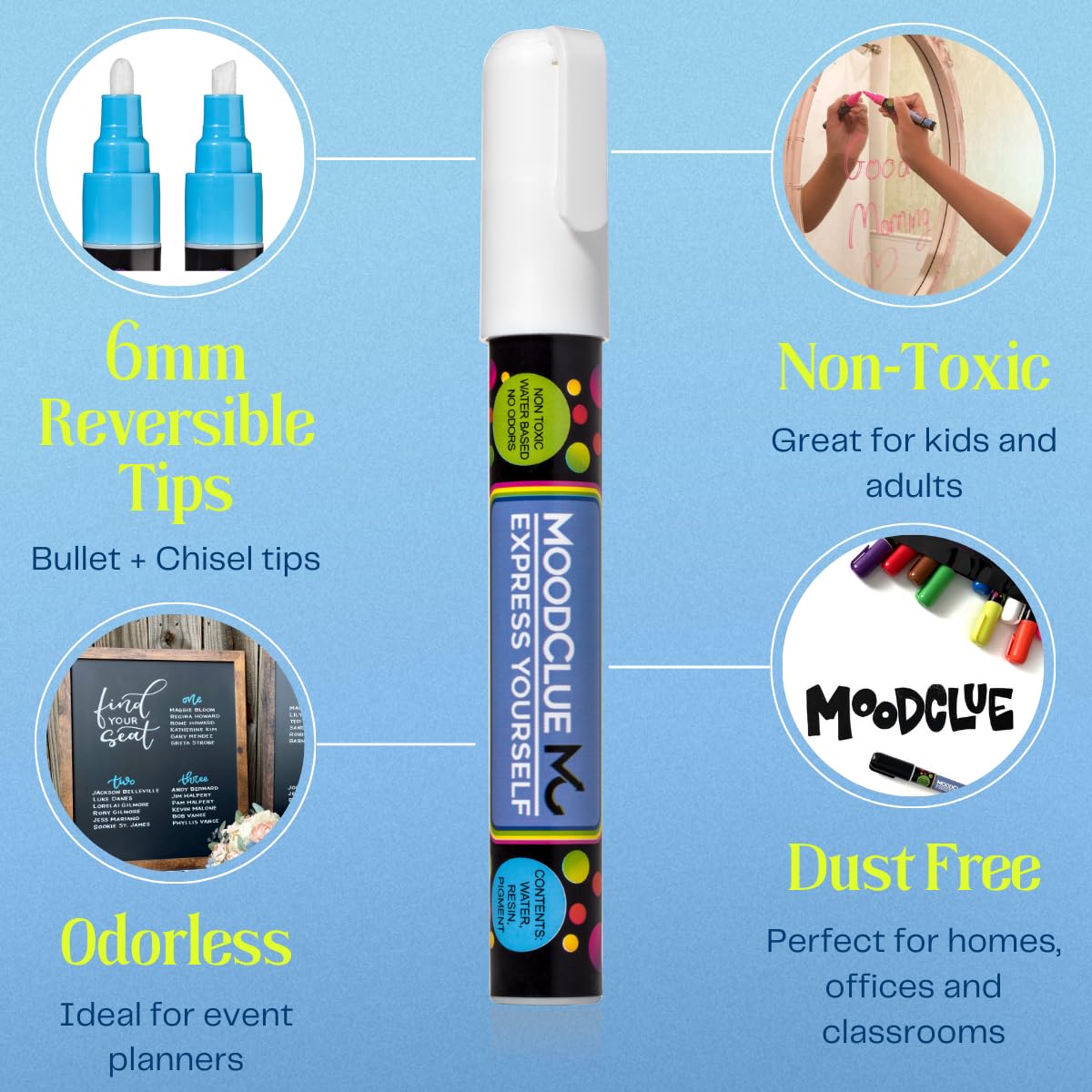 MoodClue Liquid Chalk Markers for Glass Erasable – 6 Neon Wet & Dry Erase Chalk Markers, Reversible Fine & Bold Tip, Washable Window, Mirror, Whiteboard, Blackboard & Car Window