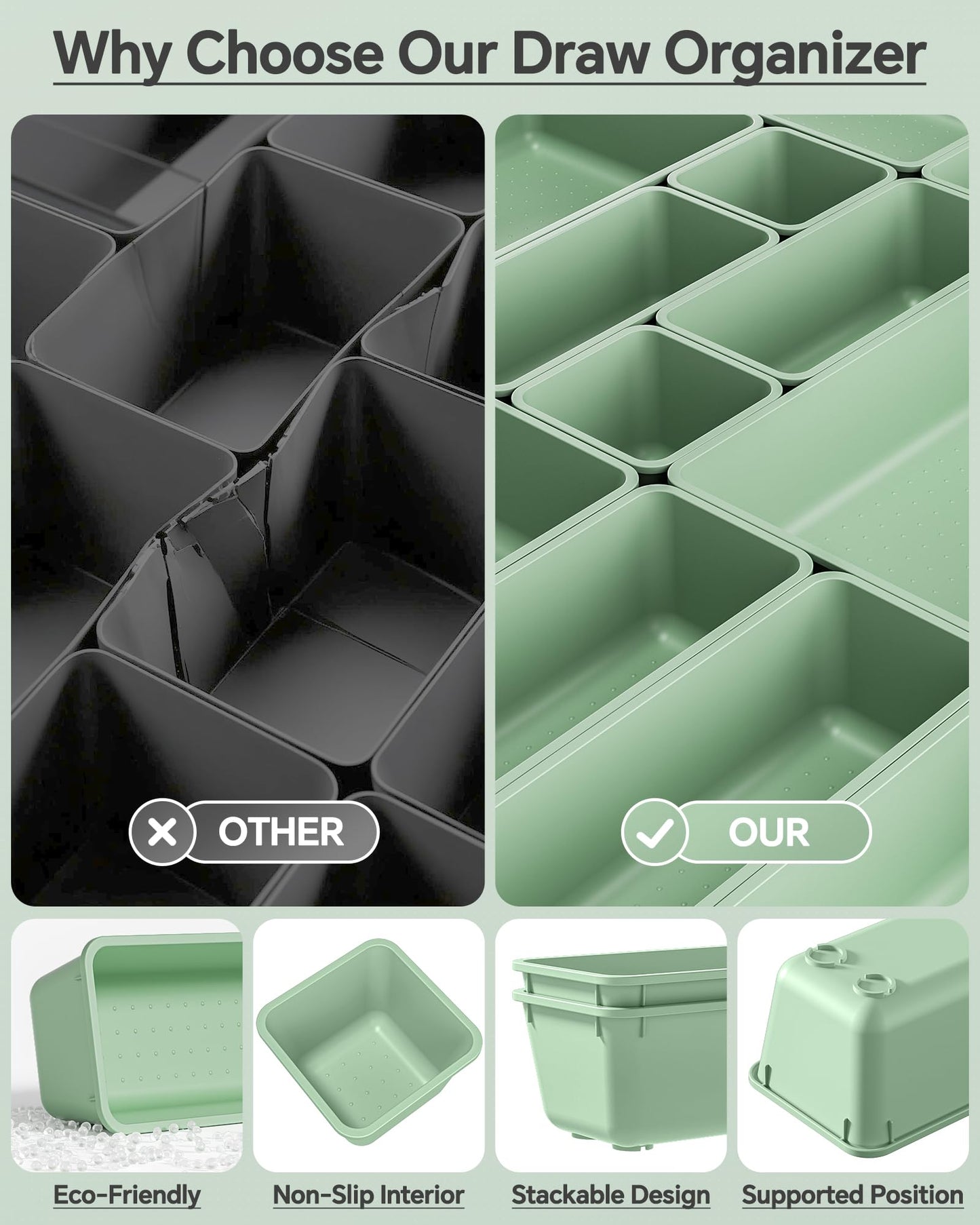 KEMETHY 25 PCS Plastic Drawer Organizers Set, 4 Sizes Vanity Organizer, Makeup and Desk Drawer Organizer Trays, Organization and Storage for Makeup, Bathroom, Kitchen Utensils and Office (Green)