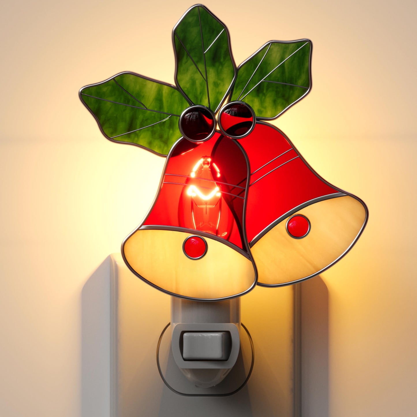 KUNDGLA Night Lights Plug into Wall Christmas Red Bell Stained Glass Night Light Plug in 7W Dusk Warm White Light Switch-On/Off for Adult Kids Room Bathroom Home Decor Gifts for Mom Grandkids