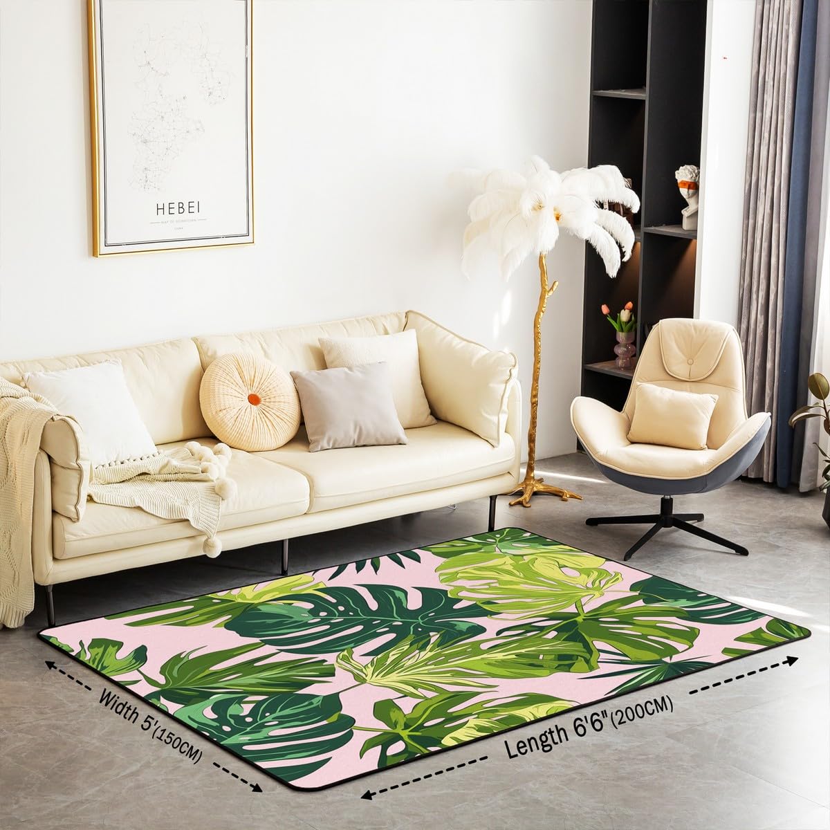 jejeloiu Palm Leaf Area Rug 4x5 Hawaiian Tropical Leaves Living Room Rugs Ultra Soft Machine Washable Pink Green Rugs for Living Room Bedroom Indoor Floor Mat