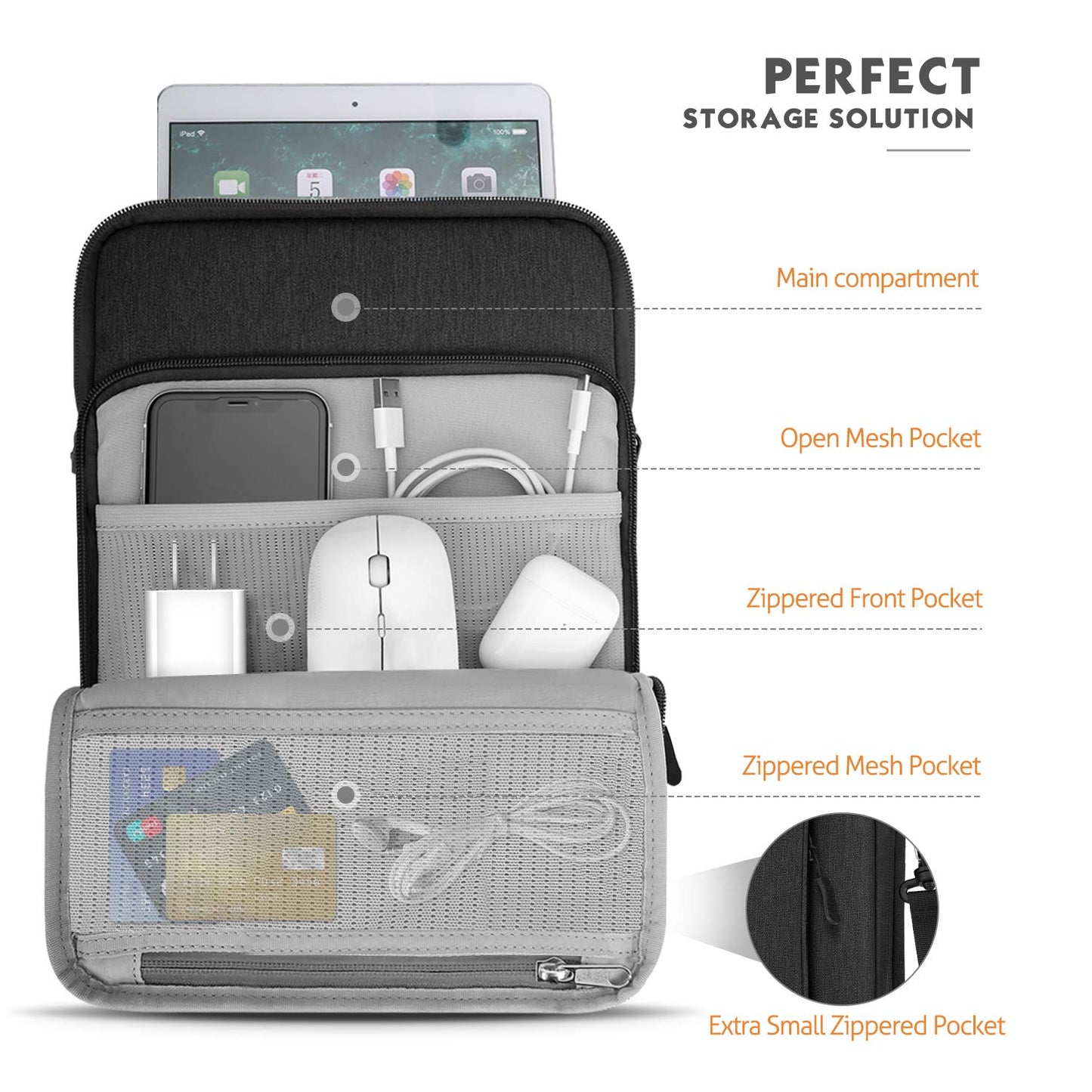 MoKo 9-11 Inch Tablet Sleeve Bag Carrying Case with Storage Pockets Fits New 11-inch iPad Air M4 2026/iPad Pro M5, iPad Pro/A16 11, iPad Air 5/4th 10.9, iPad 9/8th 10.2, Tab S8/S9 11,Black & Gray