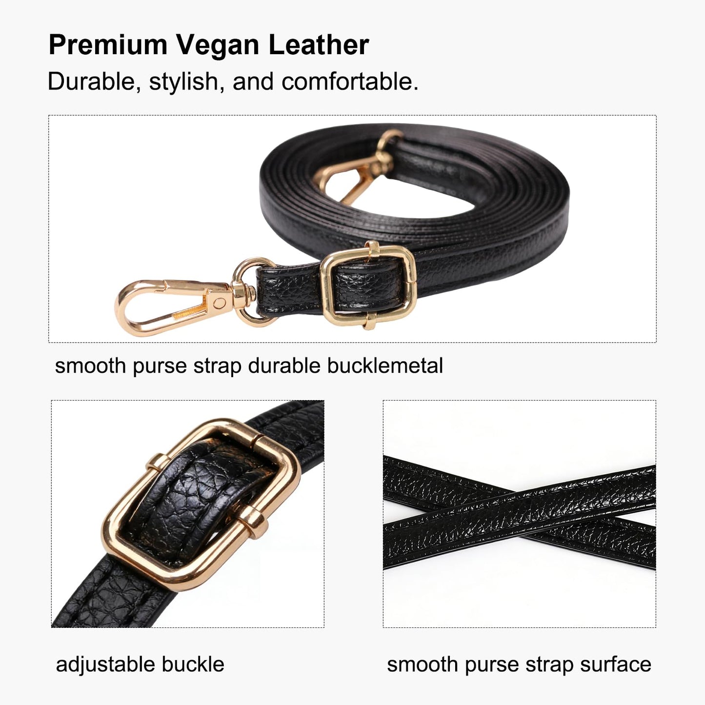 Qdfmkac Black Purse Strap 0.47 IN Narrow Vegan Leather Replacement Crossbody Strap for Handbags, Adjustable 28-51 IN Shoulder Bag Strap for Crossbody, Shoulder & Handbags