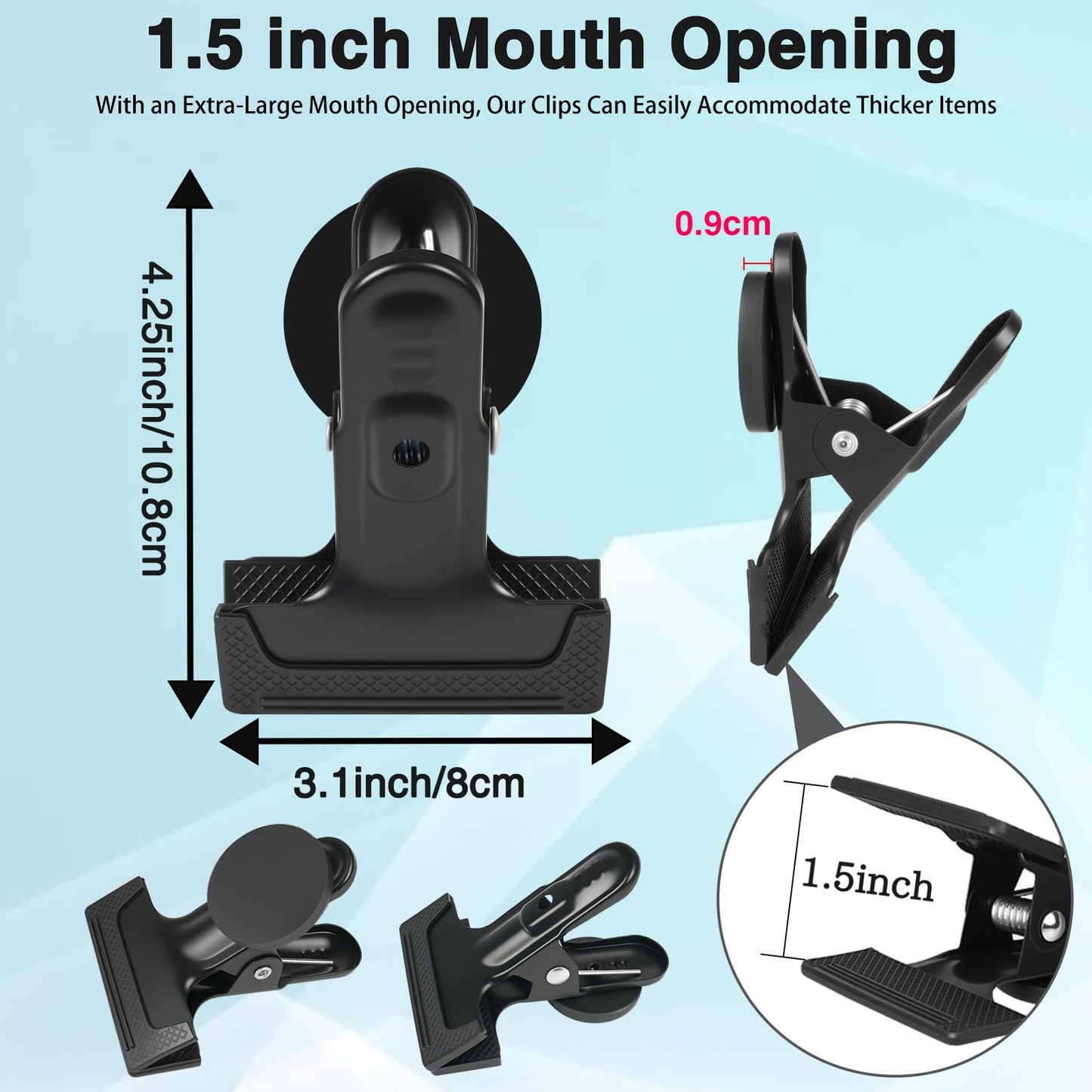 joaoxoko 3 Pack Heavy Duty Magnetic Clips 1.5 Inch Opening with Anti-Scratch Pads,Alloy Steel Rustproof Clip Securely Grip Tools, Flags, Blueprints for Home Office, Artist Studio (Black 3pcs)