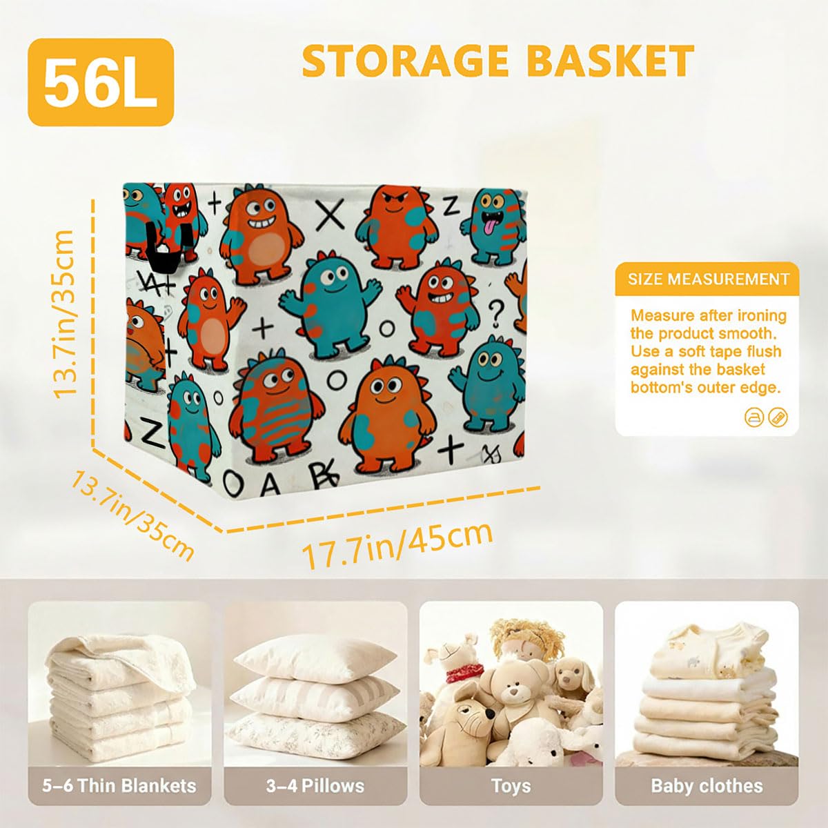 Cartoon Laundry Hamper with Handles,Large 56L Foldable Square Clothes Basket Multi‑Use Blanket Storage Bins for Organizing Books,Toys,Gifts,Room Decoration,Laundry Room,Dorm Nursery