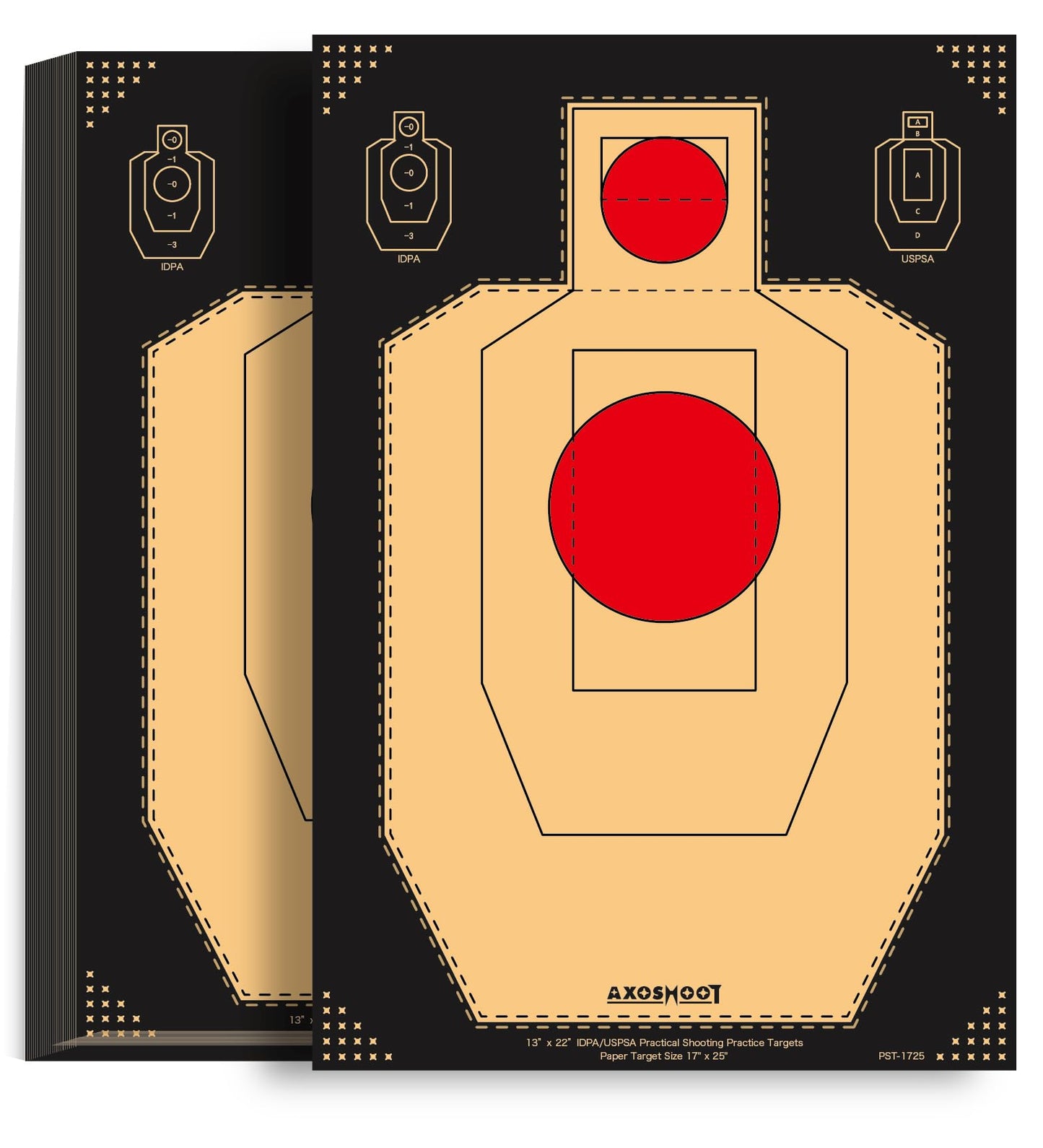 AXOSHOOT IDPA/USPSA Shooting Targets 17x25 Inch - 150gsm Kraft Paper with Black Background - 50/Pack Crease-Free Boxed Targets for Pistol, Rifle, Indoor & Outdoor Shooting Range