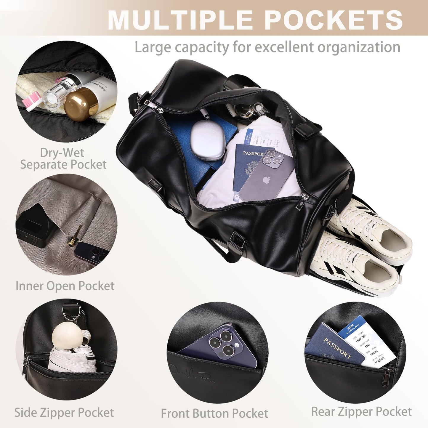 Large 3-in-1 Leather Duffle Bag for Travel Weekender Overnight Hospital Gym Bag for Men & Women, Carry On Airline Approved Personal Item Duffel Garment Bag Luggage with Shoe Compartment & Toiletry Bag