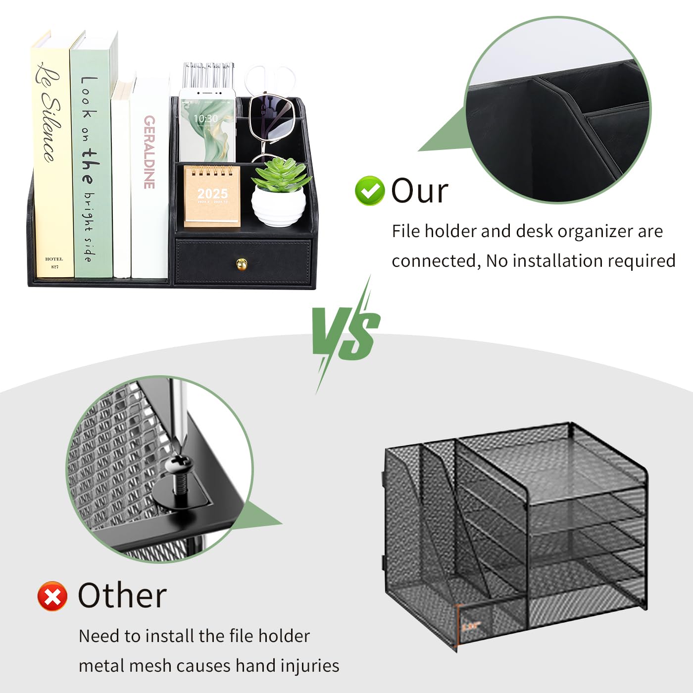 GORESE PU Leather Desk Organizer, File Organizer with Drawer and 4 Compartments, Desktop Organization with Magazine file Holder for Office Supplies, Elegant Gift for Men Who Have Everything, Black