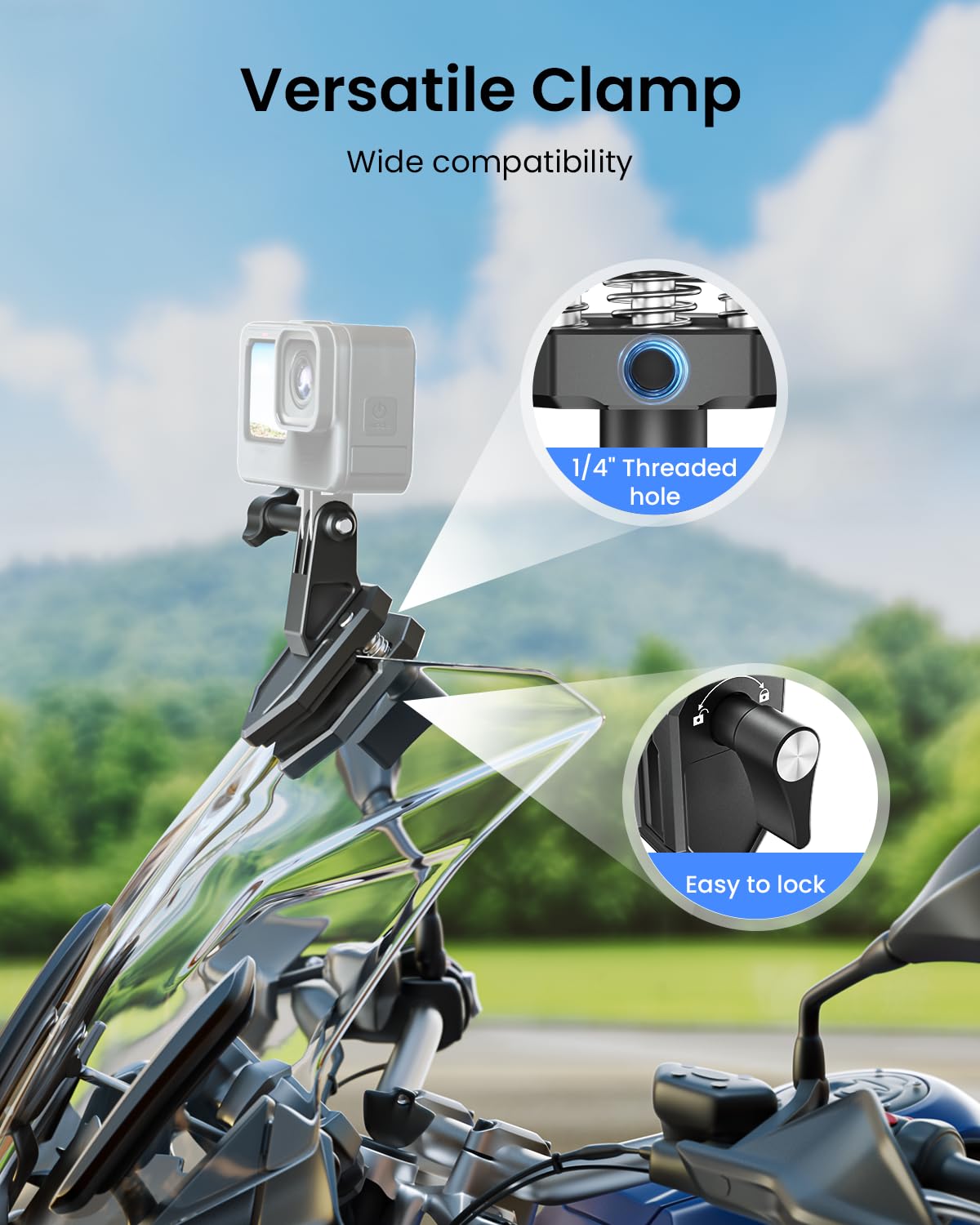 Maectech Motorcycle Windshield Clip Camera Mount for Insta360 X5/X4/X3 for GoPro for DJI Osmo Action Motorcycle Mount Clamps for Insta360 X5 Accessories