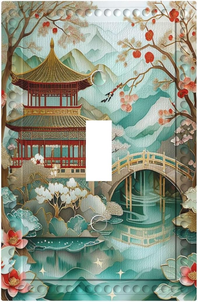 Asian Palace Traditional Bridge Cherry Blossoms Light Switch Covers 1 Gang Single Toggle Wall Plate Decorative Switchcover Electrical Switchplate for Country Living Decor