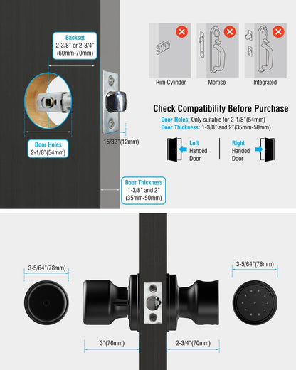 ADWUMAONG 5-in-1 Smart Fingerprint Door Knob with Keypad, Bluetooth/APP Control, Keyless Entry Door Lock, Easy No-Drill Installation for Front Door, Bedroom, Office