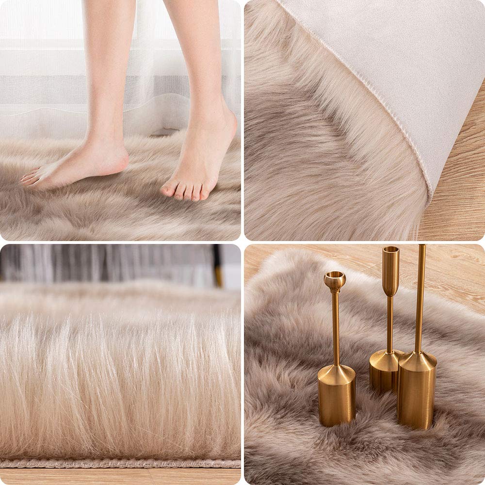 Carvapet 3x3ft Brown Faux Fur Area Rug Irregular Shaped Rug Soft Fluffy Reindeer Hide Imitation Rug, Decorative Throw Carpet for Bedroom Living Room, Plush Floor Mat for Home Decor