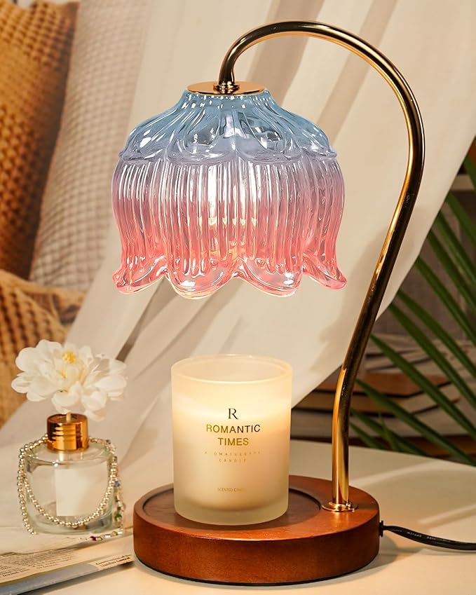 Funistree Flower Candle Warmer Lamp with Timer, Dimmable Candle Lamp Warmer, Christmas Birthday Gifts for Women Mom Her, Housewarming Home Decor, Lotus Wax Warmer for Yankee Candles - Blue&Pink