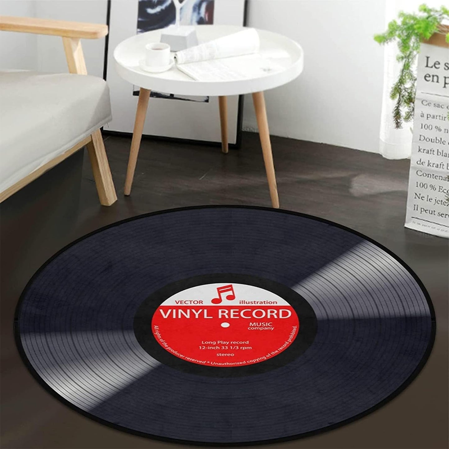 keepcute Music Record Black Round Area Rug for Bedroom Living Room Study Playing,Non-Slip Floor Mat Carpet Home Decor Rugs, 3' Diameter