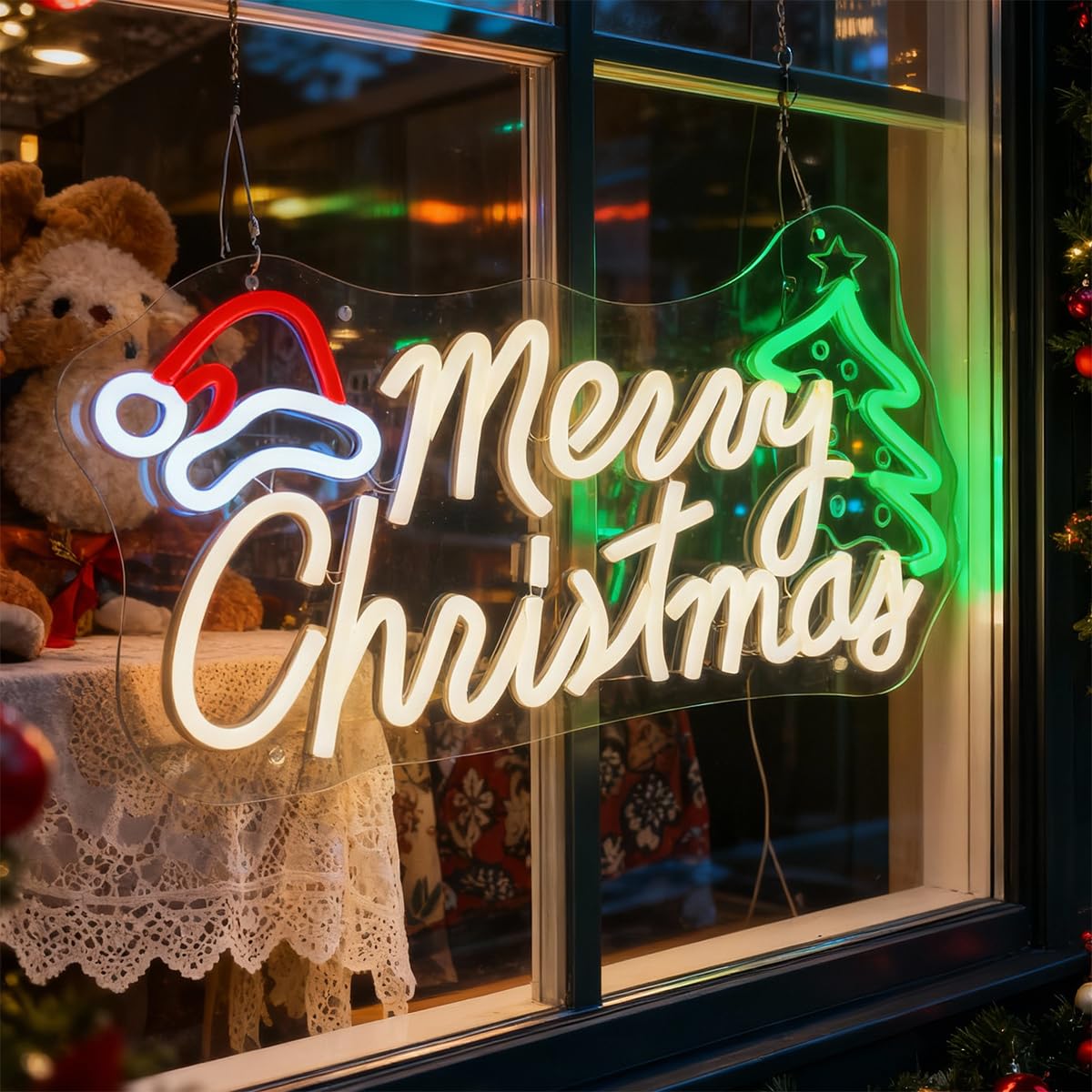 Merry Christmas Neon Sign Dimmable Led Neon Lights for Wall Decor USB Powered Christmas Decoration Xmas Light Up Sign for Party Home Window Bar Porch Front Door Holiday Gifts