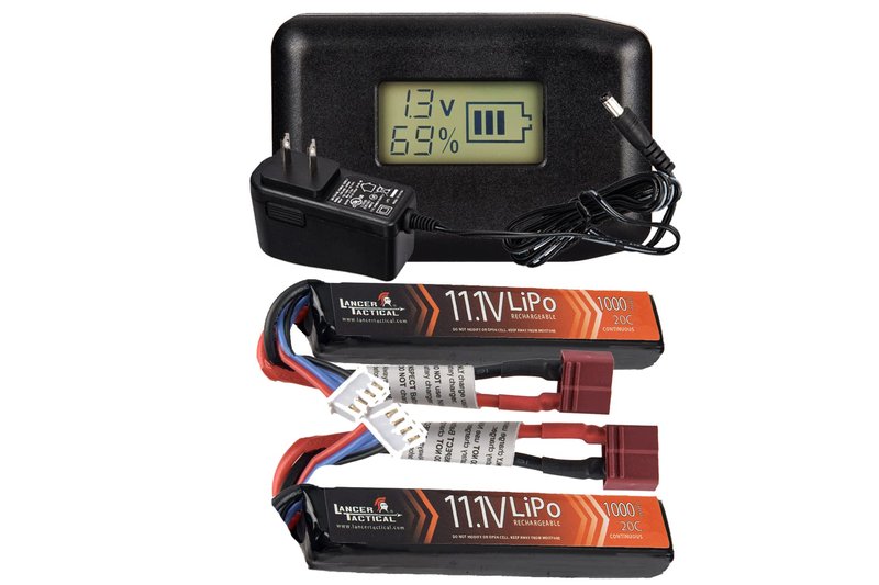 Lancer Tactical Battery Pack with Charger-2 Pack 11.1V Lipo 1000mAh 20C Stick Rechargeable Battery with LCD Universal LiPo Balance Charger for Airsoft AEGs, Lancer Gen 3, Proline, Hybrid
