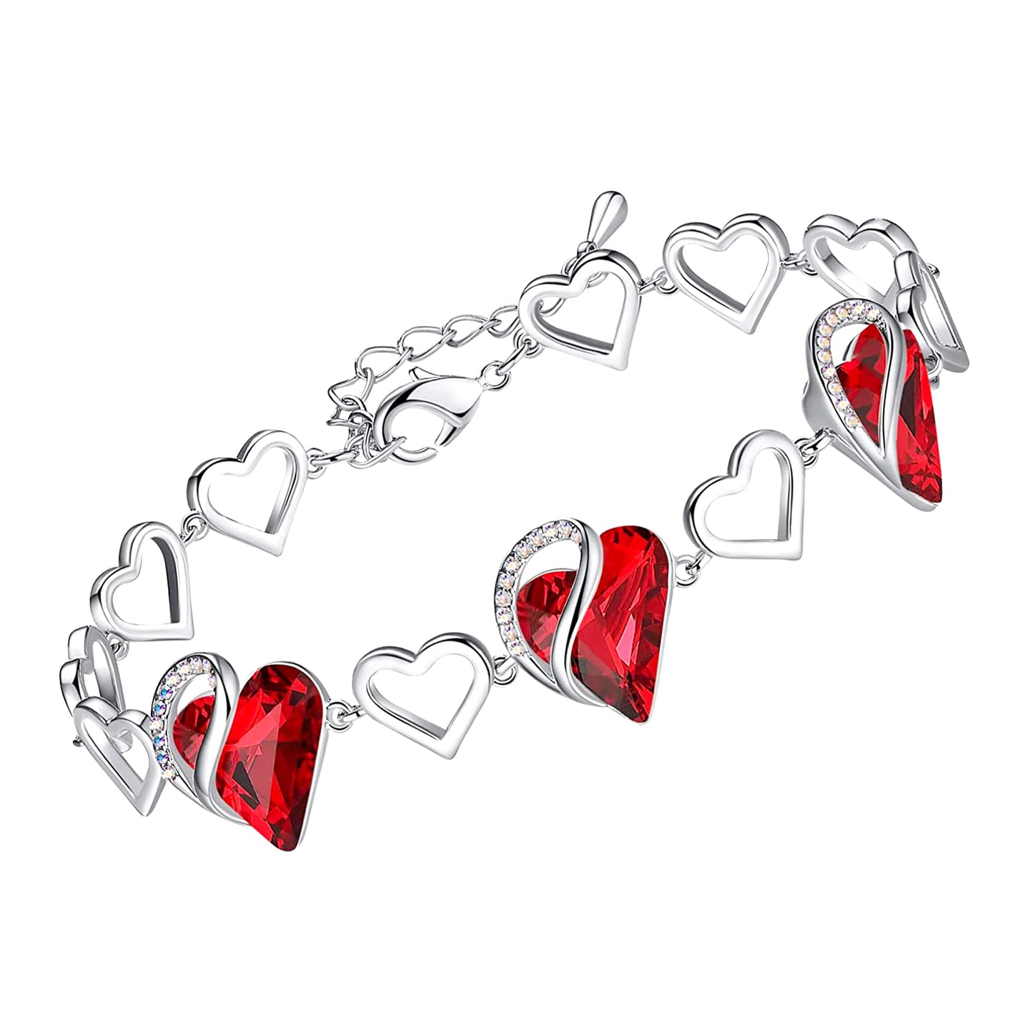 Leafael Infinity Love Heart Gift Bracelet for Women, January & July Birthstone Crystal, Siam Ruby Red, Silver Tone Birthday Jewelry for Her, Mom, and Wife, 7-inch Chain and 2-inch Extender
