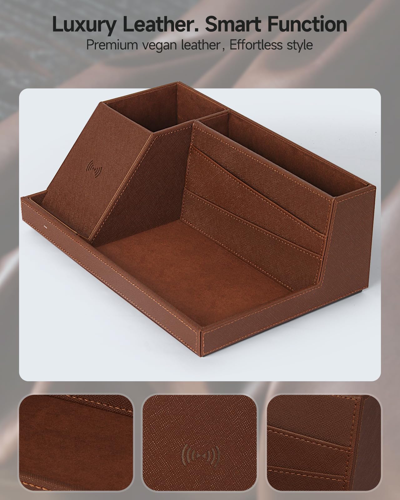 Fast Wireless Charging Station with Desk Organizer for iPhone 17/16/15/15 Pro/14/14 Pro Max/14 Pro/14 Plus/13/13 Pro Max/13 Pro/and iPhone 12/11 Series, Nightstand Desktop Organizer, Brown