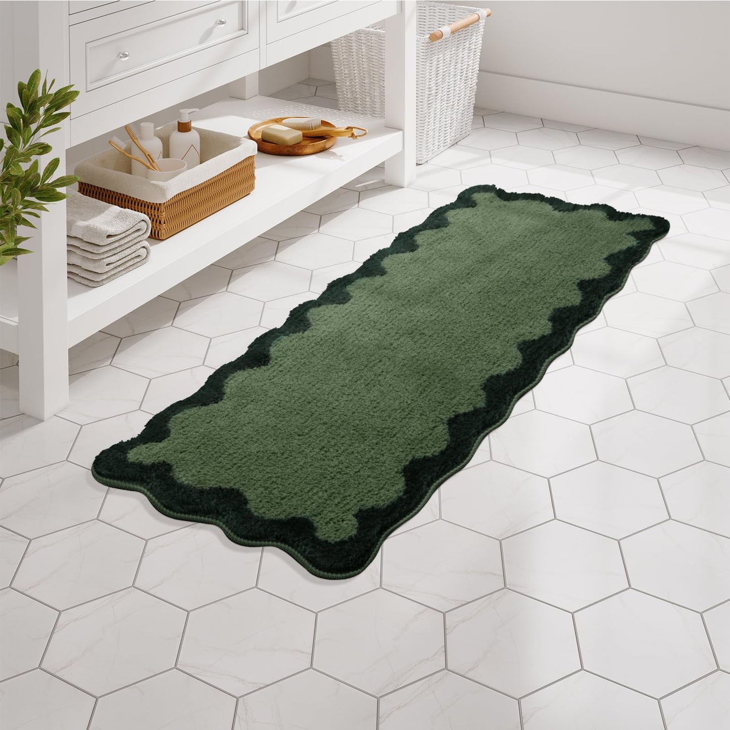 Uphome Bathroom Rug Runner, Green Long Irregular Shaped Bathroom Rug Absorbent Non Slip, 18x47 Soft Cute Machine Washable Shaggy Microfiber Bath Mat for Floor, Tub, Shower