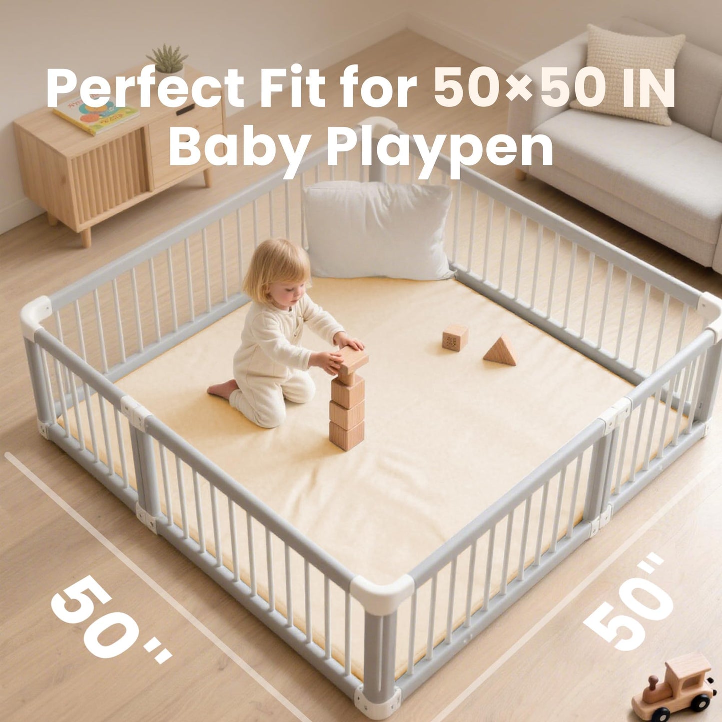 Huloo Sleep Baby Play Mat 50x50 Inches, 1.3" Thick Padded Waterproof Floor Cushion & Playpen Mat with Vegan Leather, Non-Slip & Non-Toxic Nursery Rug for Infants, Toddlers & Kids(Beige)
