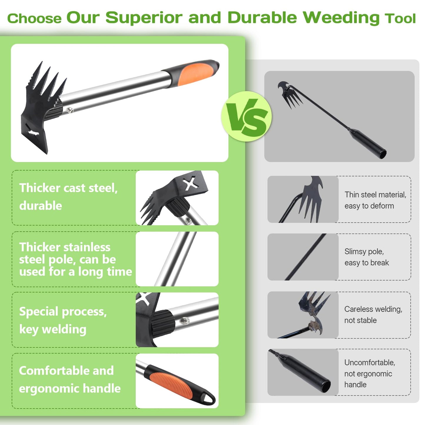 Upgraded 17" Weed Puller Tool, Portable Garden Weed Pulling Tool for Weeding Uprooting Planting, 2 in 1 Hoe & 4 Teeth Rake Manual Weeder, Durable Weed Remover Gardening Hand Tools for Yard Lawn Farm