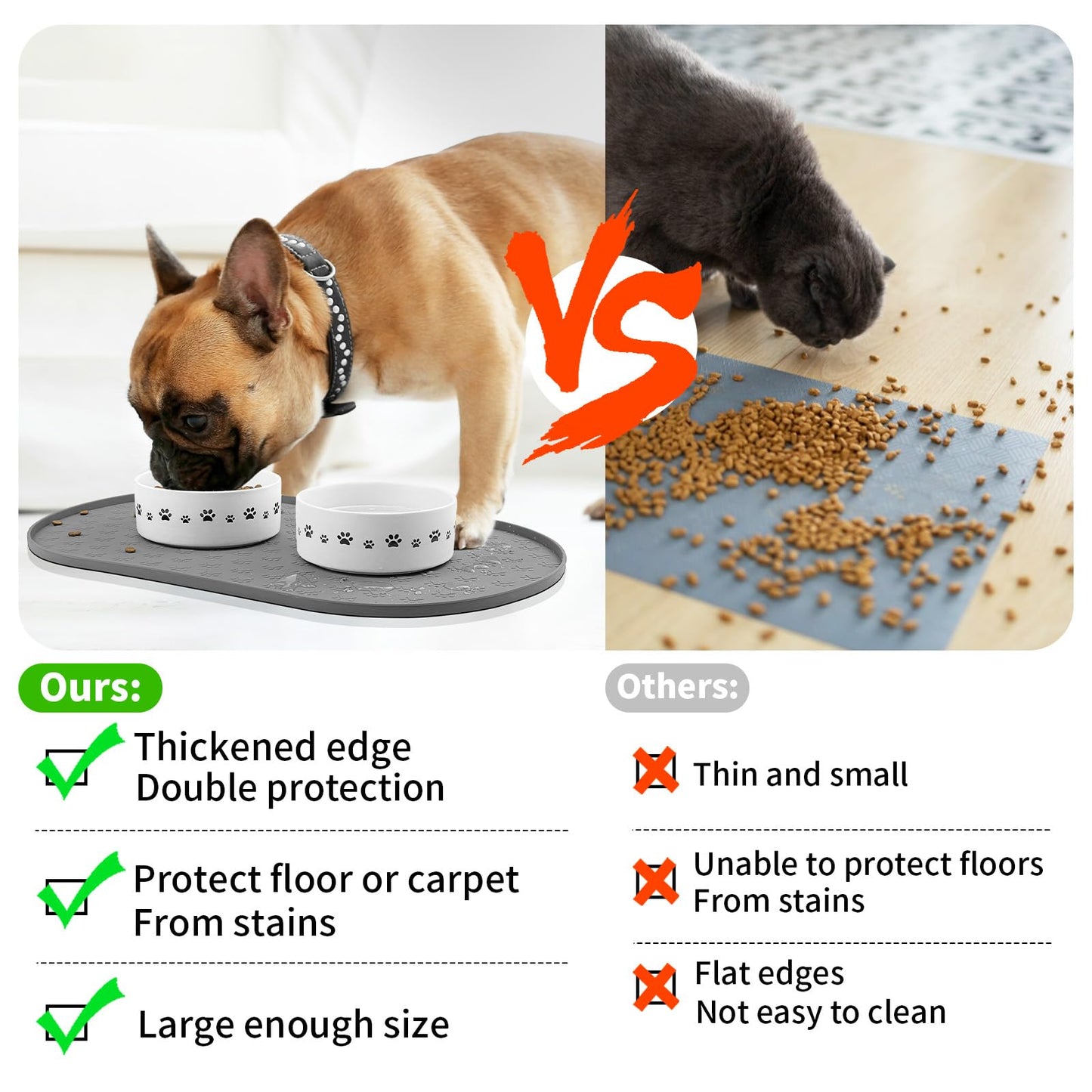 KPWACD Pet Feeding Mat for Dogs and Cats, Silicone Dog Placemat Non-Slip Waterproof Bowl Mats Prevent Food and Water Overflow, High-Lips Puppy Dish Tray Mat Suitable for Large Medium Small Pets, Grey