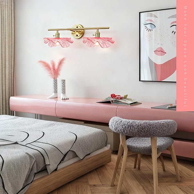 2 Light Bathroom Vanity Lights Over Mirror, Vintage Wall sconces with Pink Glass Shade Bathroom Sconce Gold Vanity Lighting Fixture mid Century Wall Sconce Light for Bedside Bedroom Doorway