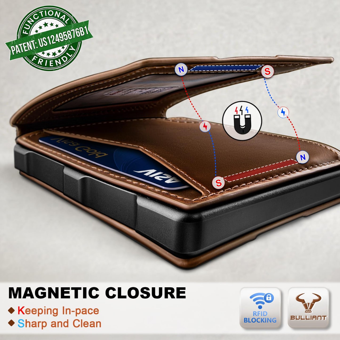 BULLIANT Men Full Grain Leather Wallet, Metal Wallet Money Clip Magnetic Flip 13 Cards Pop-up Access Simplifed Bill Folder