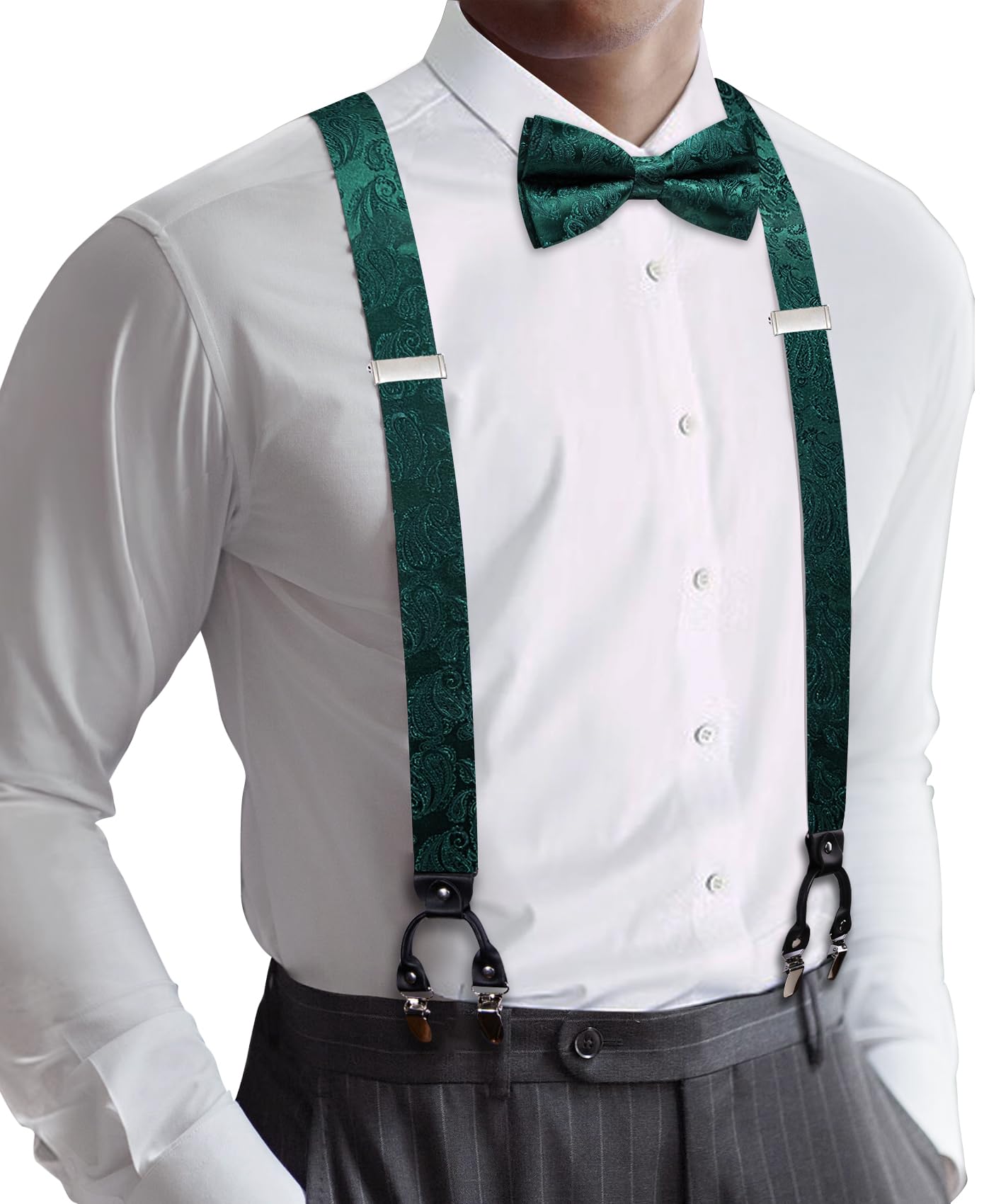 YOHOWA Mens Green Suspenders Bowtie Set Paisley Suspender 6 Strong Clips Adjustable Y-Back Woven Brace Formal Wedding Party Tuxedo