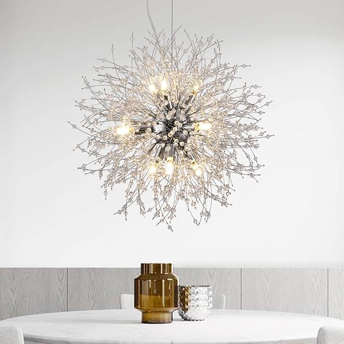 Modern Dandelion Chrome Chandelier, 9 Lights Firework Crystal Chandeliers for Entryway, Sputnik Crystal Pendant Ceiling Light Fixture for Hallway, Dining Room