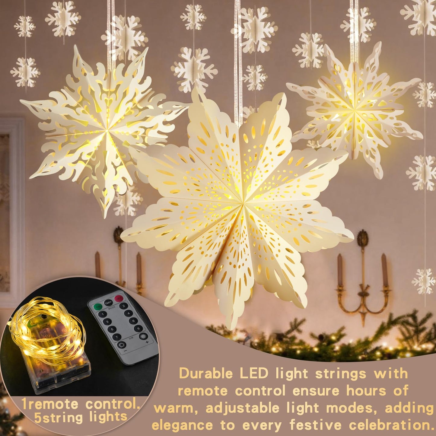 5Pcs Christmas Paper Snowflake Lanterns, Large Christmas Paper Star Lanterns with Lights & Banner White Hanging Snowflake Lamps for Xmas Winter Frozen Weddings Birthday Holiday Party Decorations