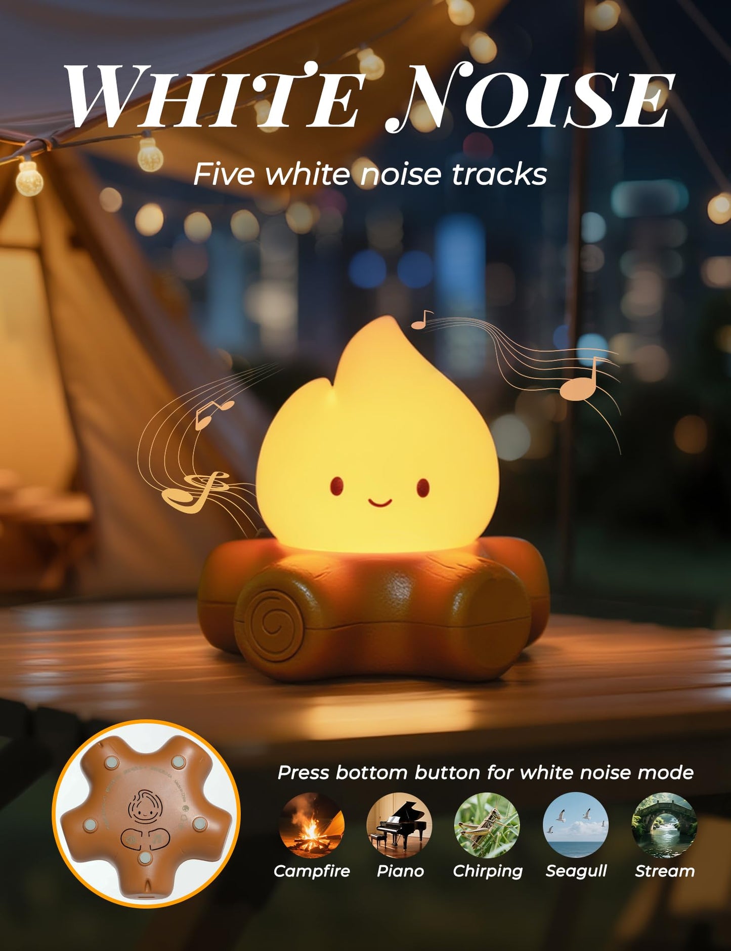 BANDIANCY 3pcs Cozy Campfire Nightlight Kits, Soothing Nature Sounds, White Noise Night Light for Baby Adult, Rechargeable, Cute Flame Lamp, Best Gift for Kids Bedrooms Camping Trips