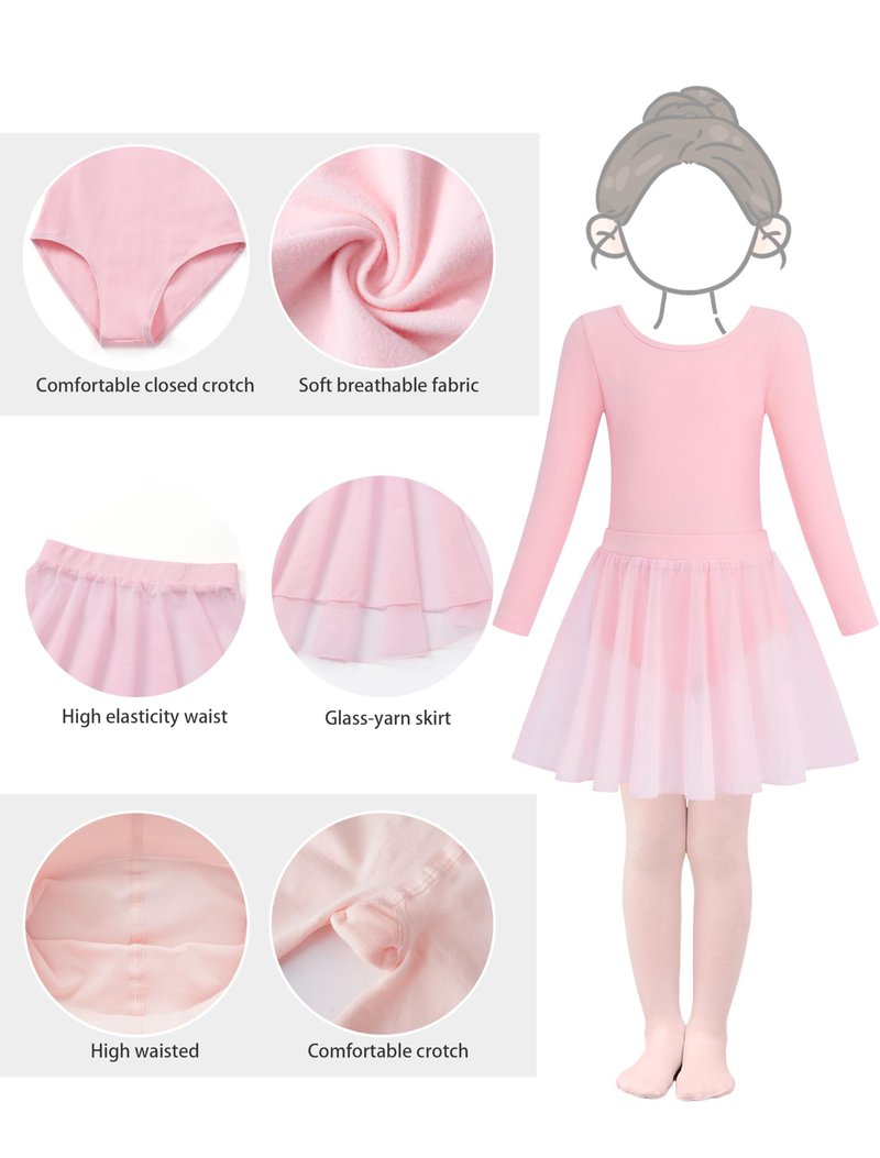Mecceos Ballet Leotards with Skirt Tights Combo for Toddler Girls Dance Long Sleeve Leotard Ballerina Dresses Outfits (Ballet Pink, 8-10 Years, MEAM-322)