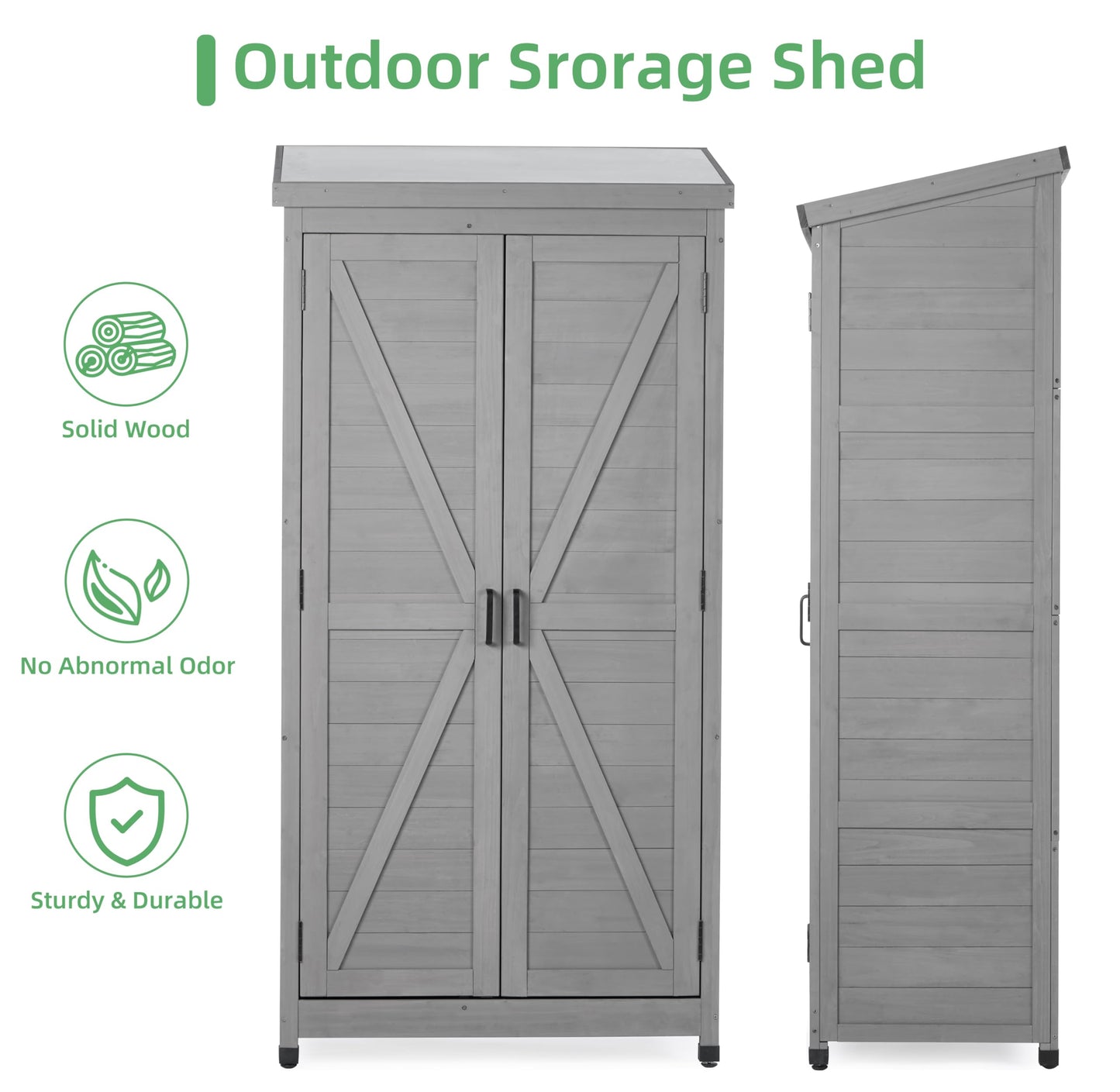 68''x33''x20'' Outdoor Wooden Storage Shed with Metal Top Tall Vertical Tool Cabinet for Backyard Garden Patio Lawn (Grey)