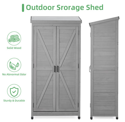 68''x33''x20'' Outdoor Wooden Storage Shed with Metal Top Tall Vertical Tool Cabinet for Backyard Garden Patio Lawn (Grey)
