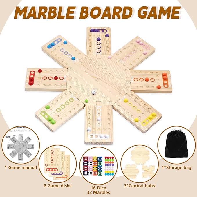 Wooden Board Game The Wooden Board Can Provide a Gaming Experience for 2 to 8 Players Featuring 3 Central Hubs 32 Marbles and 16 Dice. It is Suitable for Family and Friend Gatherings Board Games