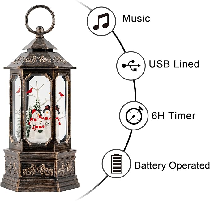 Christmas Snow Globe Swirling Glittering Snowman Choir & Cardinal with Music & Timer, USB Lined/Battery Operated Lighted Water Lantern for Christmas Festival Decoration Gifts