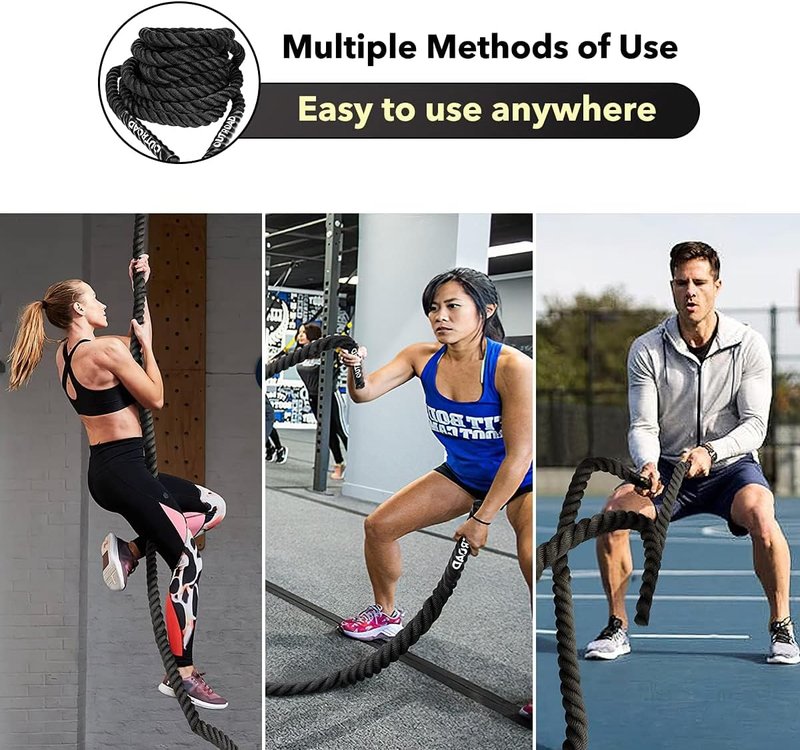 Heavy Battle Ropes - 1.5 Inch 30 Ft Polyester Workout Rope for CrossFit & Home Gym | Full Body Fitness Equipment, Black