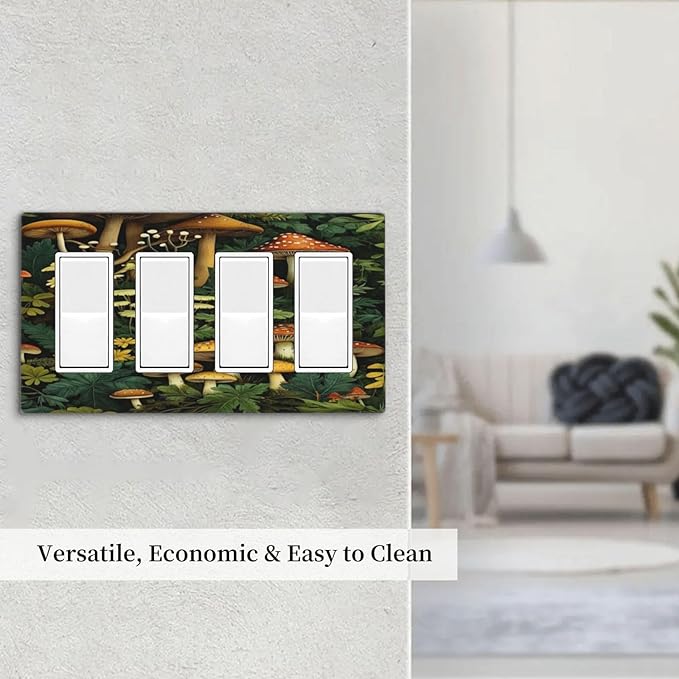Mushrooms Forest Nature Botanical Art Light Switch Cover 4 Gang Rocker Decora Outlet Covers Wall Plate Decorative Switchplate Electrical Faceplate GFCI for Farmhouse Living Decor