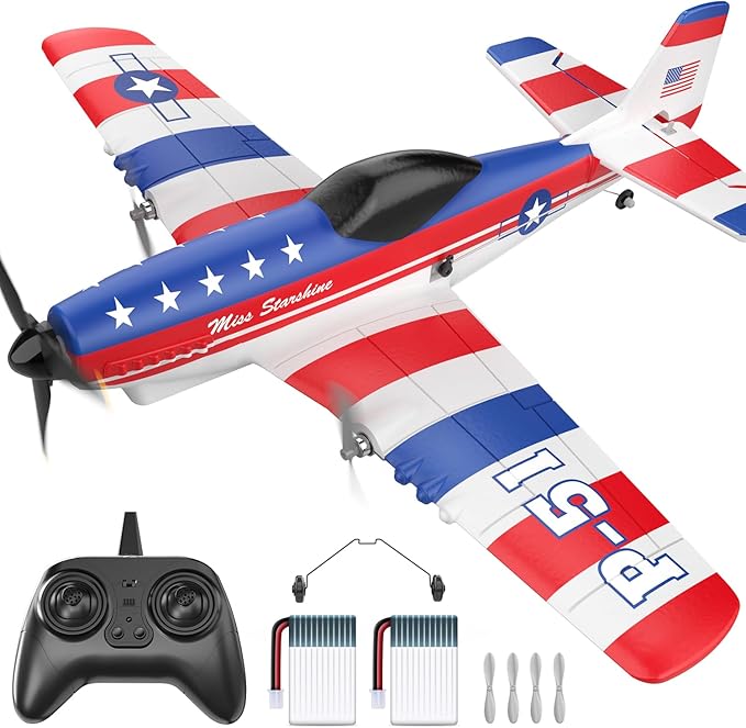 DEERC RC Plane 3 Channel P51D Mustang Remote Control Airplane Fighter Toys2.4GHz 6-axis Gyro Stabilizer RTF Glider Aircraft Plane with 2 BatteriesEasy to Fly for Adults Kids Beginners Boys