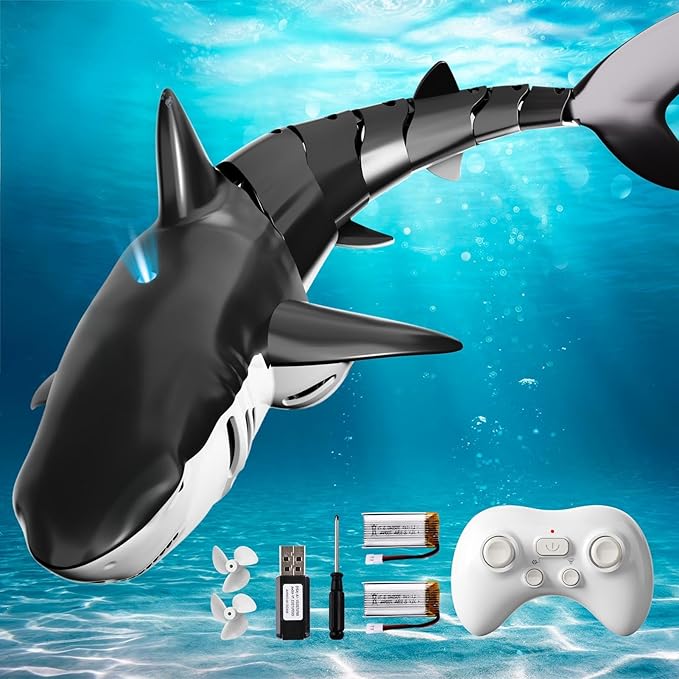 2.4GHz Remote Control Shark Toy for Pool 1:18 Scale High Simulation RC Shark with Light &amp Spray Water Electric Remote Controlled Swimming Water Pool Toys for 4 5 6 7 Year olds Kid Boys Girls