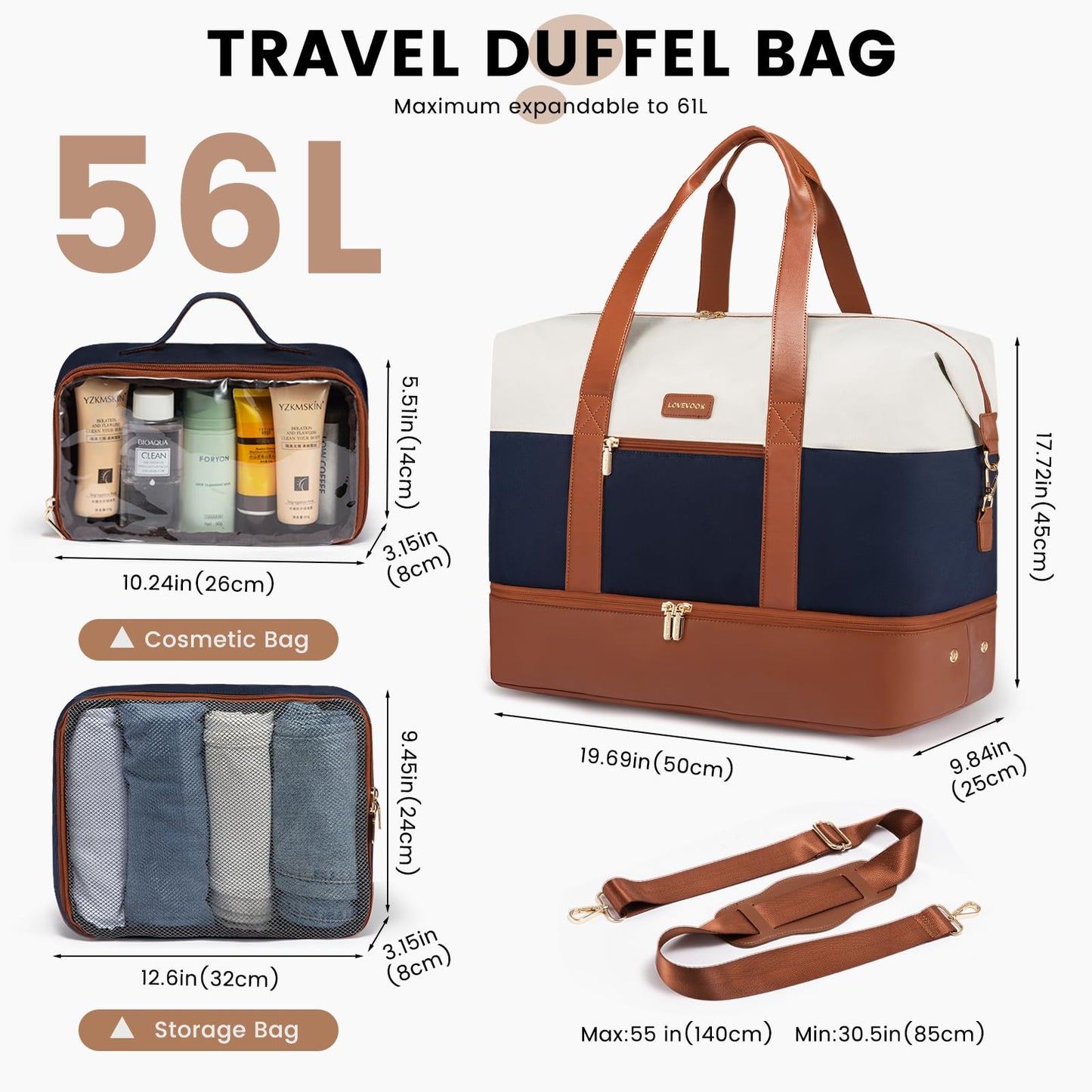 LOVEVOOK Weekender Bag, Large Travel Duffel Bag for Women with 7 Packing Cubes, Carry on Overnight Bag with Shoe Compartment, Mom Hospital Bags for Labor and Delivery