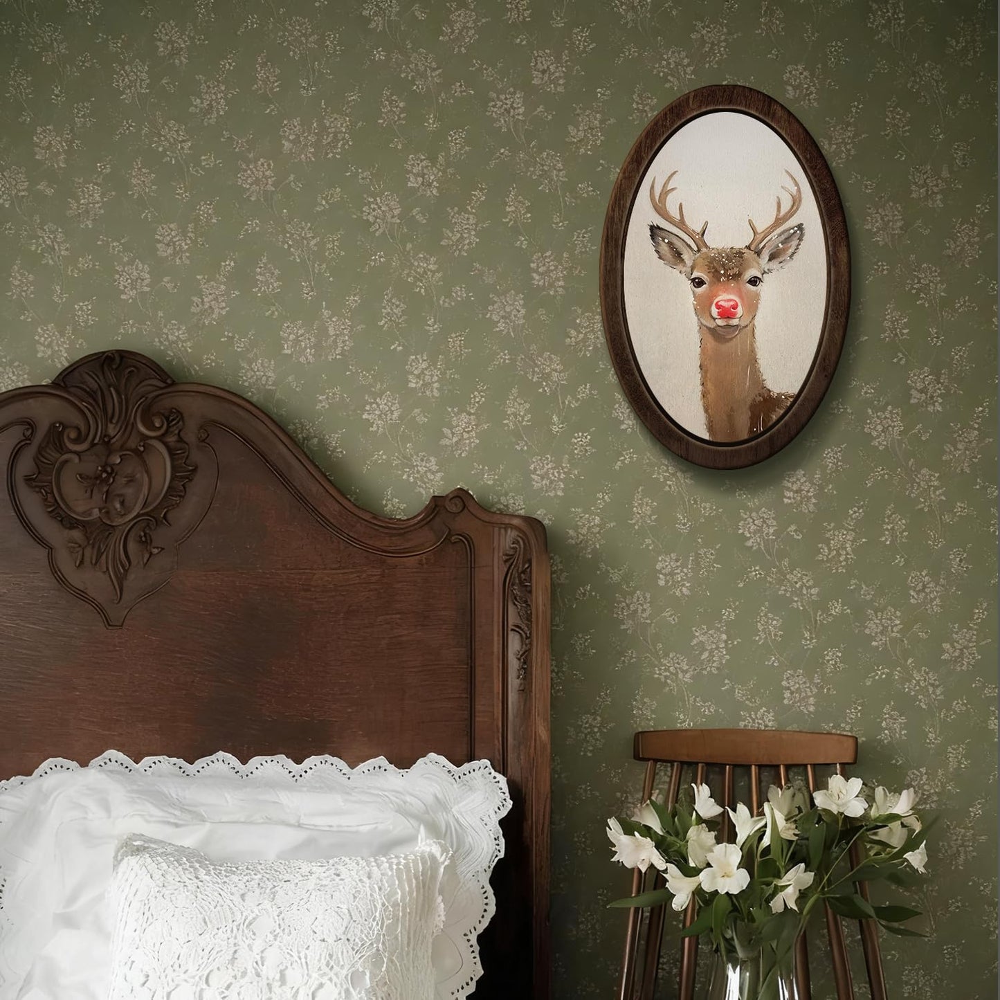 YZSLA Red Nose Reindeer Christmas Deer Framed Wall Art Decor, Christmas Home Room Decor, Rustic Winter Xmas Red Deer Holiday Wooden Oval Wall Decorations for Home Bedroom Living Room, 15.74x10.23