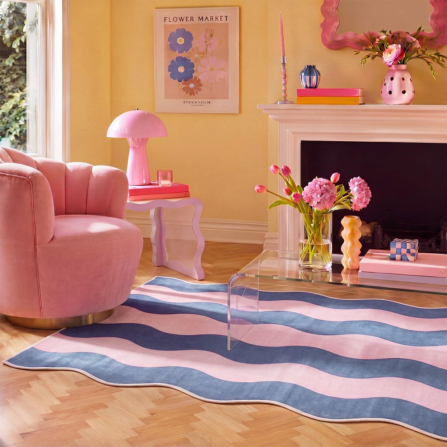 Nuanchu 5x7 ft Scalloped Area Rug, Funky Two-Tone Wave Striped Aesthetic Carpet, Non Slip Non Shedding Low Pile Machine Washable Geometric Floor Mat for Living Dining Room Bedroom Home Office