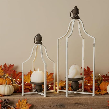 12.5" & 16.5" Timeless Cozy Decorative Lanterns Set of 2, Handcrafted Metal Iron Candle Holders, Farmhouse Elegance Fireplace Mantel Table Festive Gatherings Decor