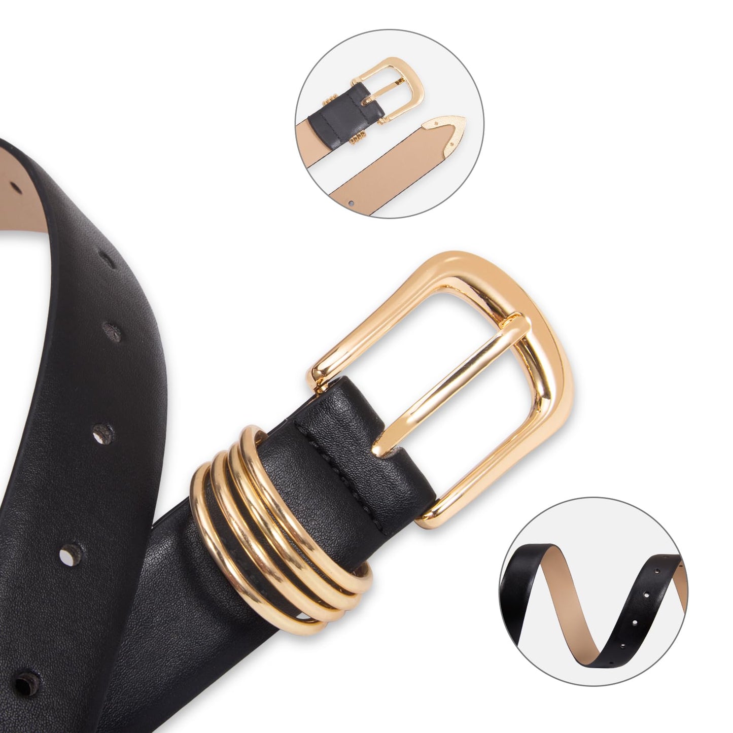 Fianmy Women's Leather Belts for Jeans Dresses Pants Fashion Waist Belt Elegant Ladies Belts for Women with Gold Buckle (Black Gold Buckle, XXL:Fit Waist Size 43"-48")