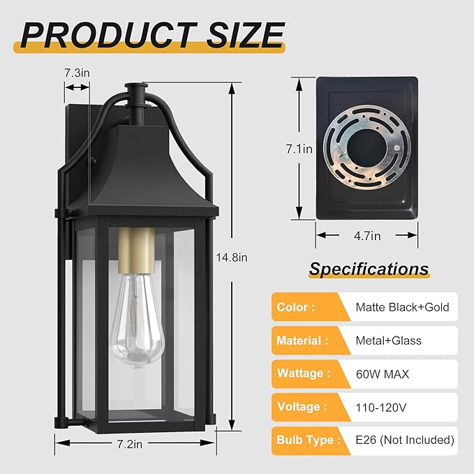Dusk to Dawn Outdoor Wall Light, Waterproof Wall Sconces, Exterior Wall Mount Lantern Sconce with Glass, Black Patio Lanterns for House Garage Front Door, 14.8in, 1 Pcak