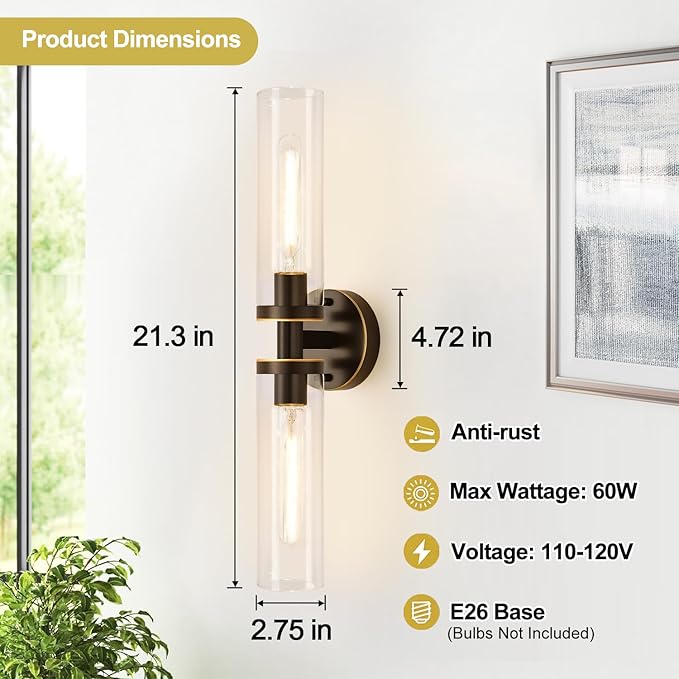 Wall Sconces Set of Two, Hardwired Brown Bathroom Sconces Wall Lighting with Clear Glass, Modern Sconces Wall Decor Set of 2 Bathroom Light fixtures for Mirror Hallway (Bulbs Not Included)
